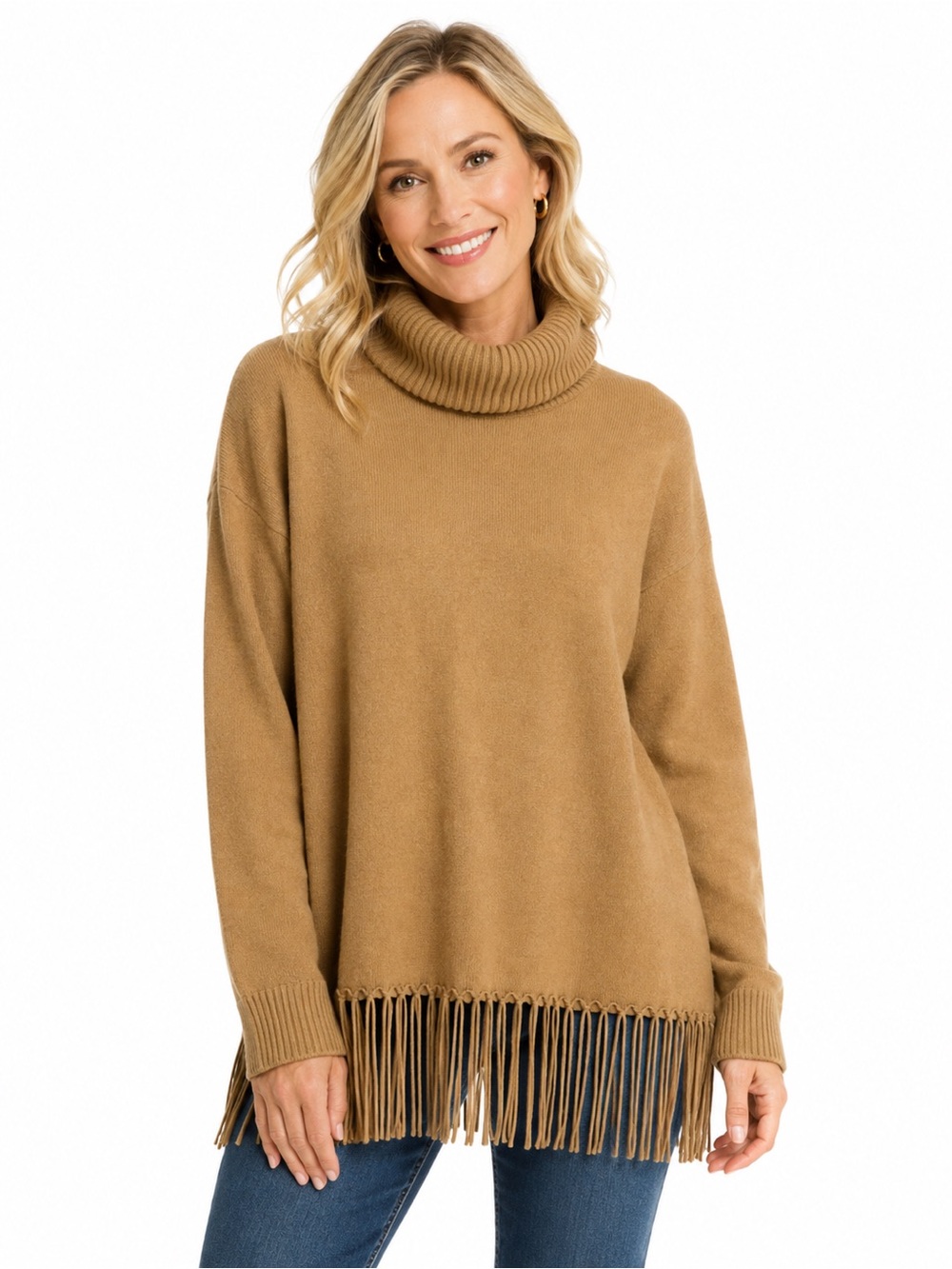 Turtleneck Fringe Sweater - Camel - 1010